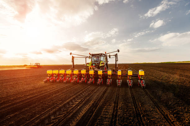 Tractor working on farm land on sunset.